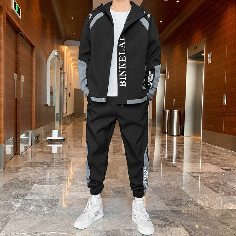 Men's hooded jacket set 2021 spring new bunch of trousers standing long-sleeved sports casual two-piece