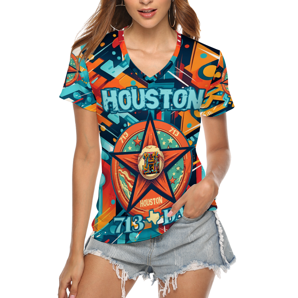 Houston 713 Badge Fashion Shirts Short Sleeve V-neck T-Shirt