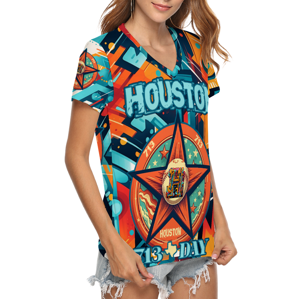 Houston 713 Badge Fashion Shirts Short Sleeve V-neck T-Shirt