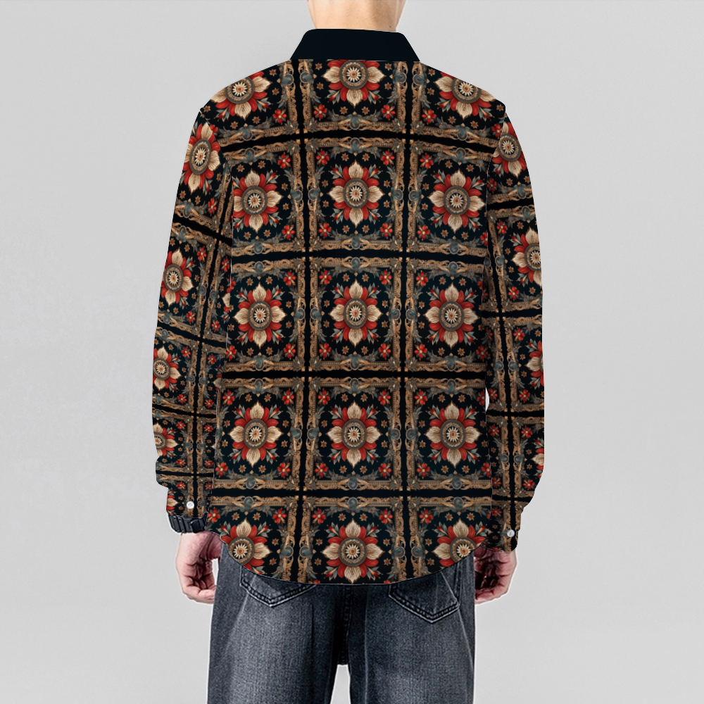 Black Collar Flower Motif Long Sleeve Unisex Button Up