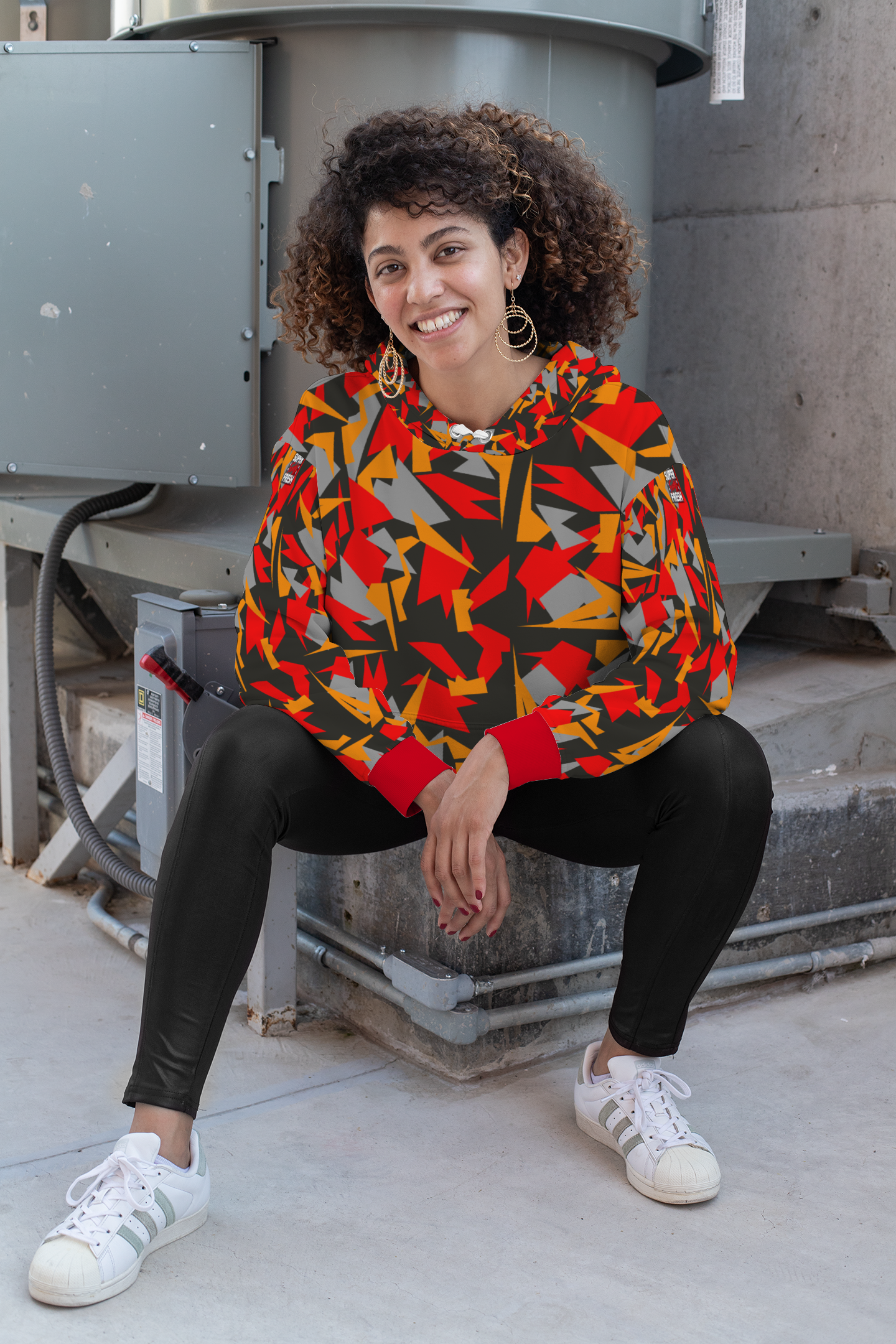 Super Funky Fresh Camo Red/Orange/Gray All Over Print Plush Spun Velve Hoodie with Pockets