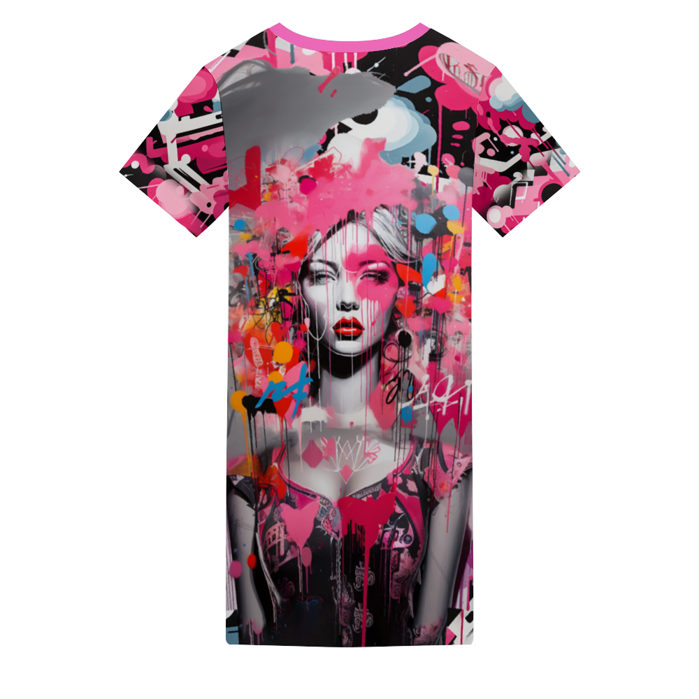 Graffiti Barbie Women's All Over Print V-neck Short Sleeve Mini Dress