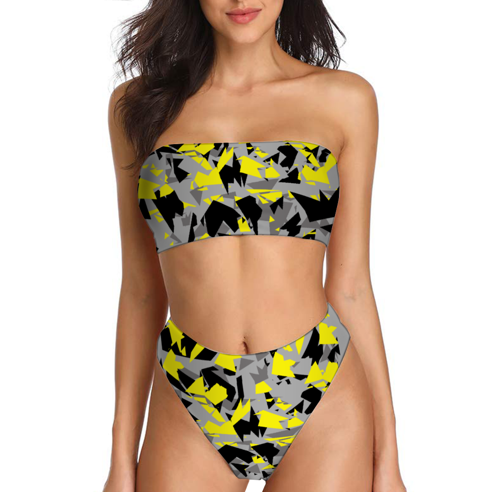 Yellow Grey Camo Women's Bandeau Bikini with Padding