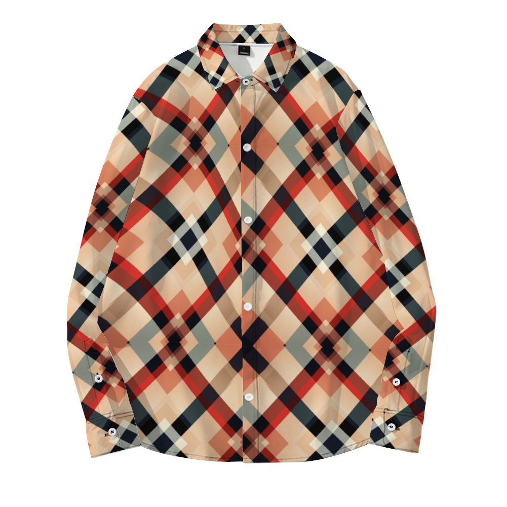 Brown Plaid Pattern Long Sleeve Unisex Button Up T-shirts