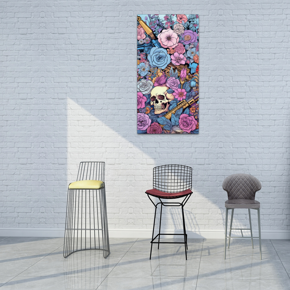 Skulls and Flowers Wooden Inner Framed Canvas Painting 12" x 24"
