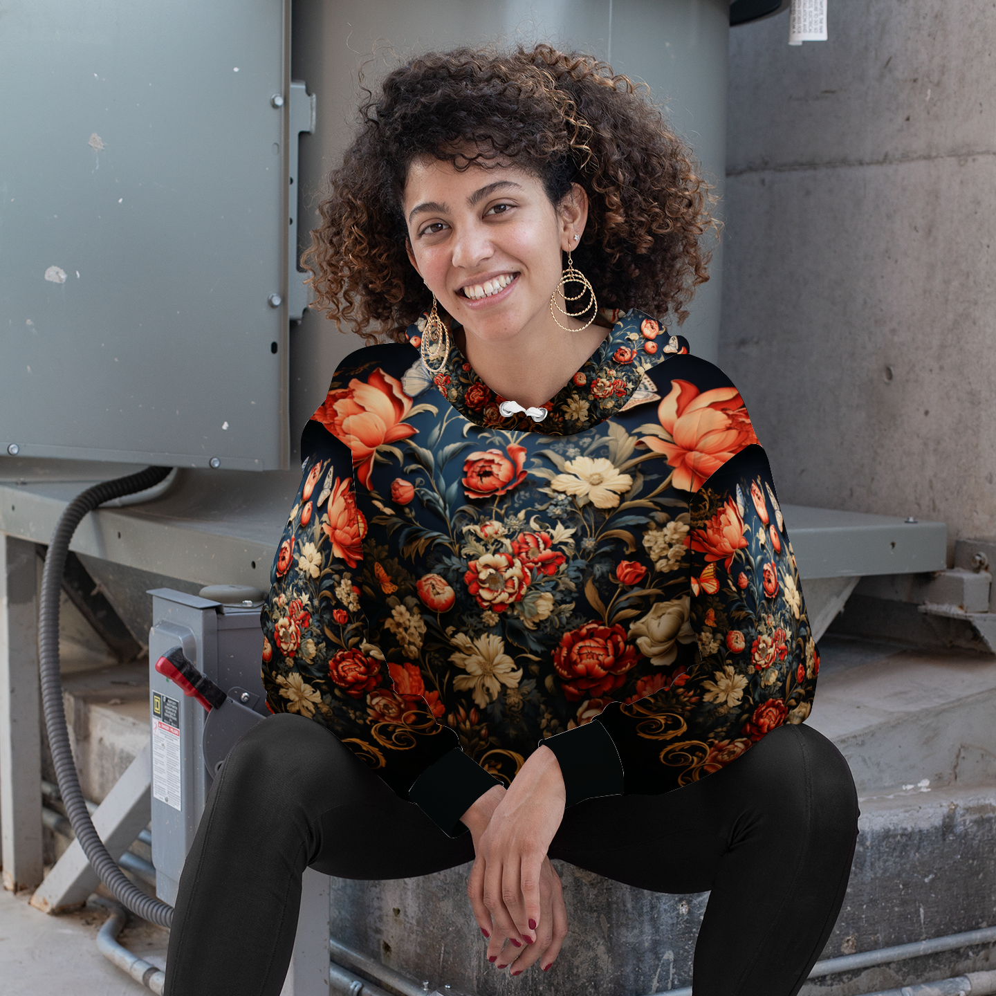 Flower Motiff DeLa Parra All Over Print Plush Hoodies with Pockets