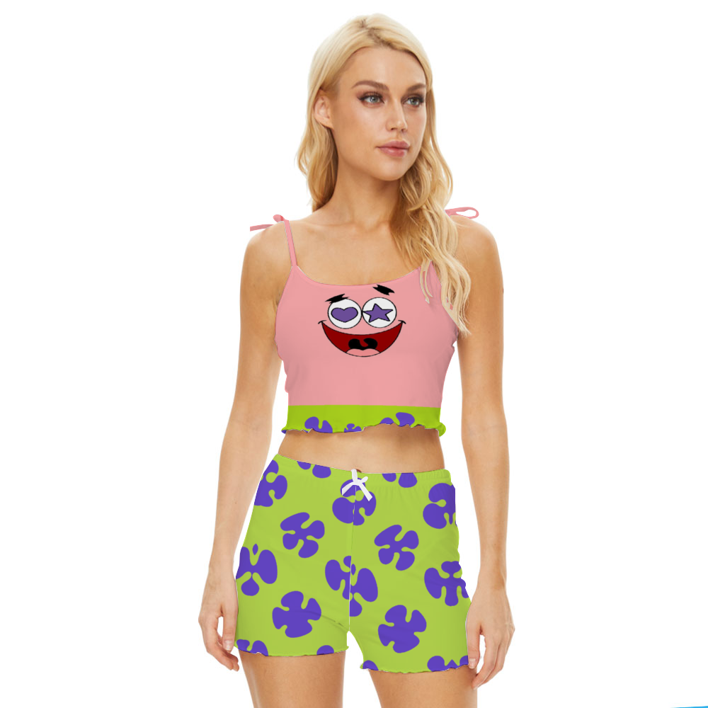 Womens Partick Stars Print Bikini Strappy Crop Top & Shorts