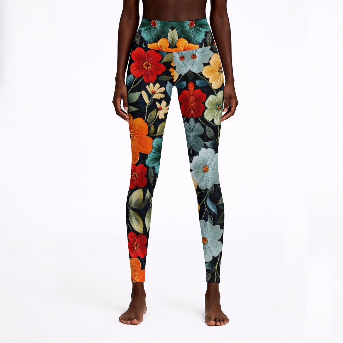 Embroder Flower Print  Womens High Waisted Yoga Leggings