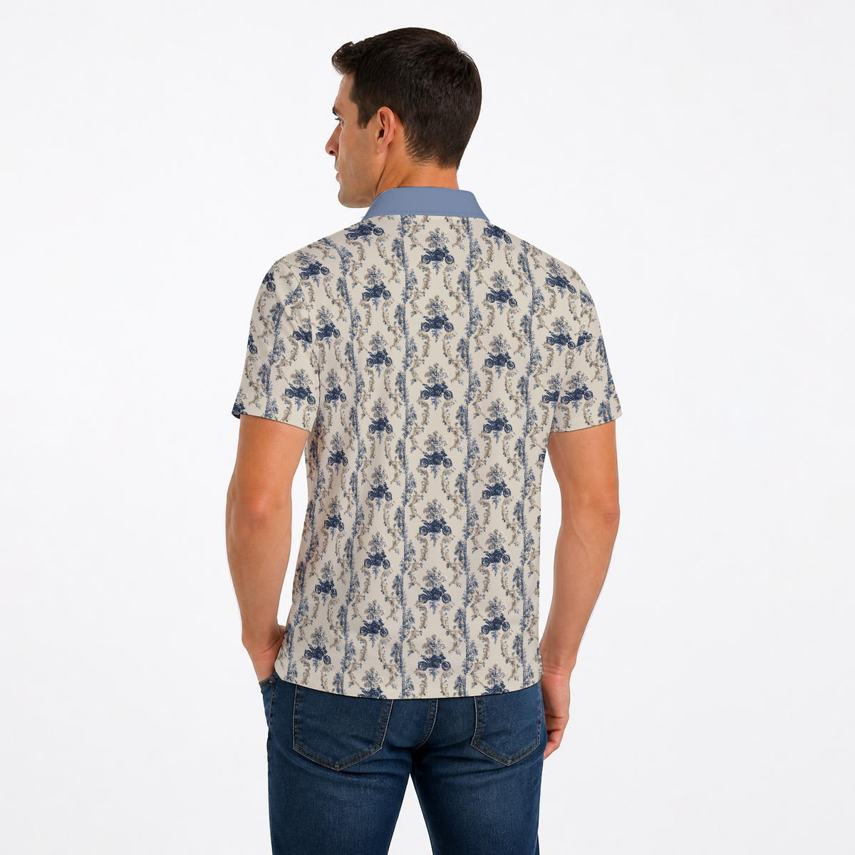 Cream and Blue Grey Motorcyle Print Two-Piece Collar Polo Shirt|Bonded Seam