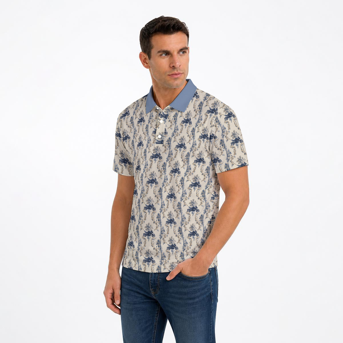 Cream and Blue Grey Motorcyle Print Two-Piece Collar Polo Shirt|Bonded Seam