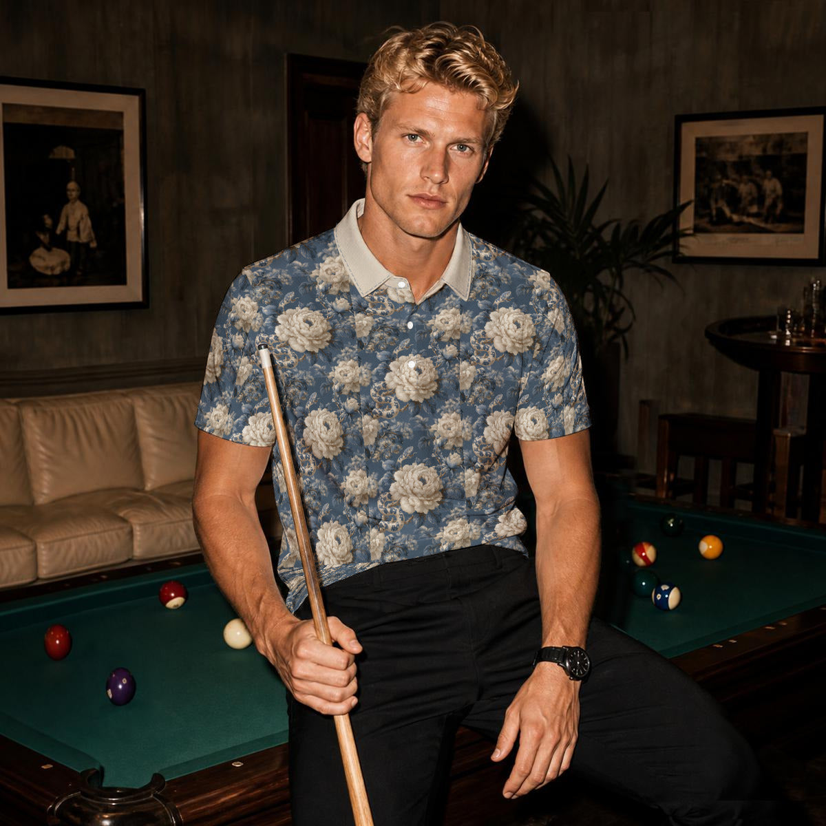 White Roses and Snakes Polo Shirt|Bonded Seam