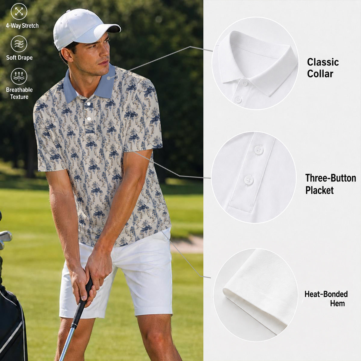 Cream and Blue Grey Motorcyle Print Two-Piece Collar Polo Shirt|Bonded Seam