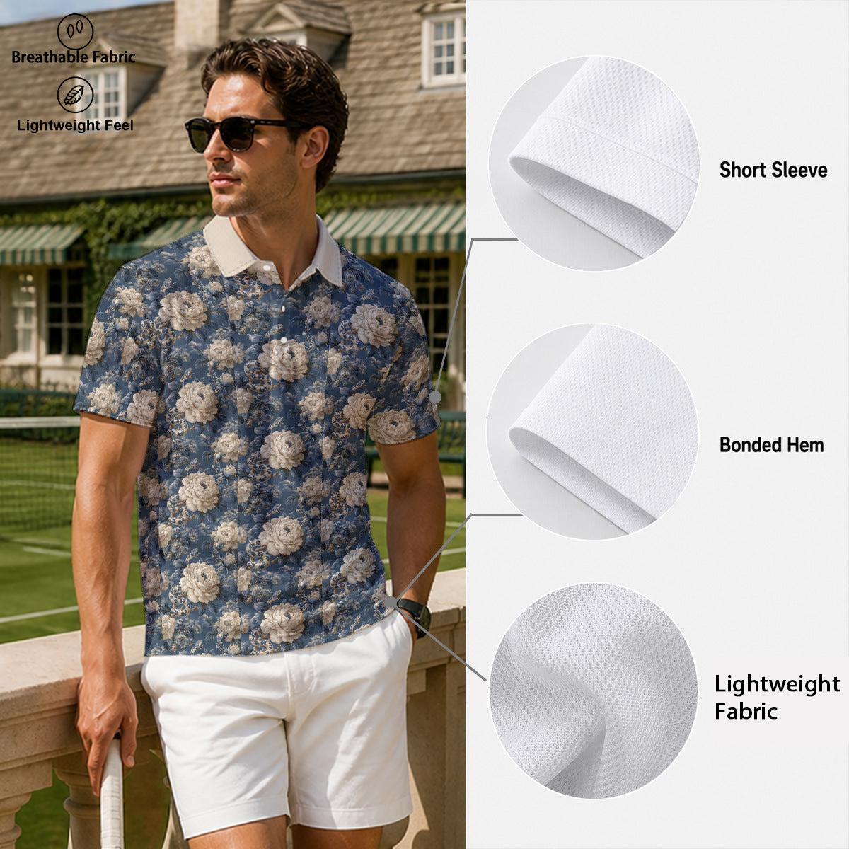 White Roses and Snakes Polo Shirt|Bonded Seam