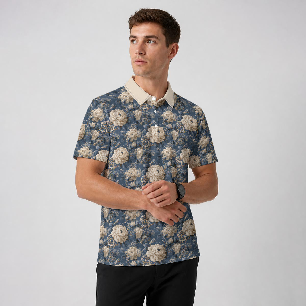 White Roses and Snakes Polo Shirt|Bonded Seam