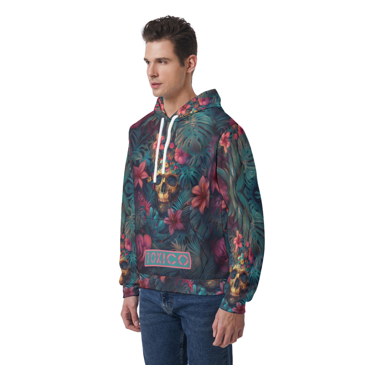 Toxico Skull and Flowers Hoodie With Double-side Print Hood