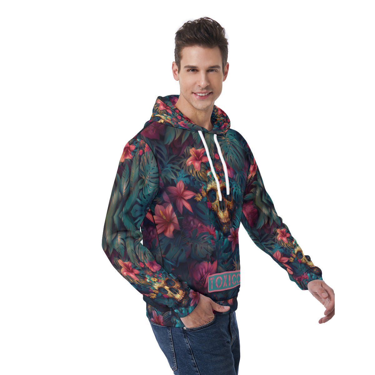 Toxico Skull and Flowers Hoodie With Double-side Print Hood