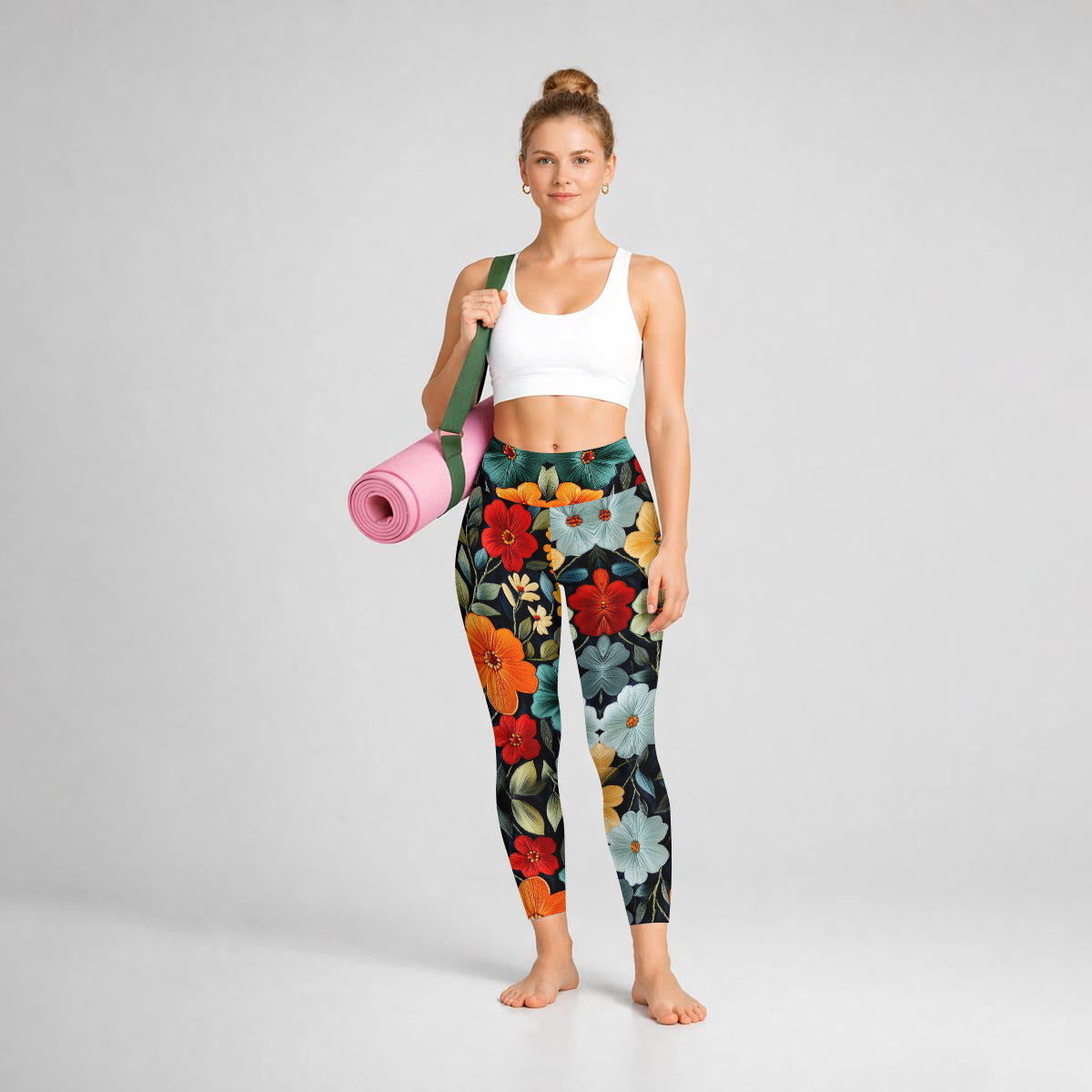 Embroder Flower Print  Womens High Waisted Yoga Leggings