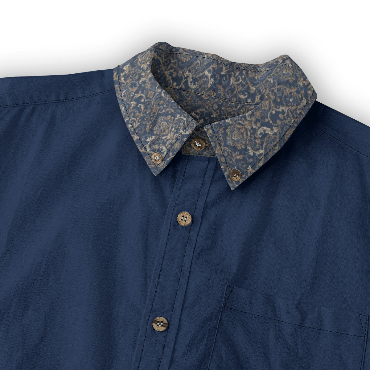 Navy Paisley Casual Lapel Long Sleeve Shirt|140GSM Slub Cotton