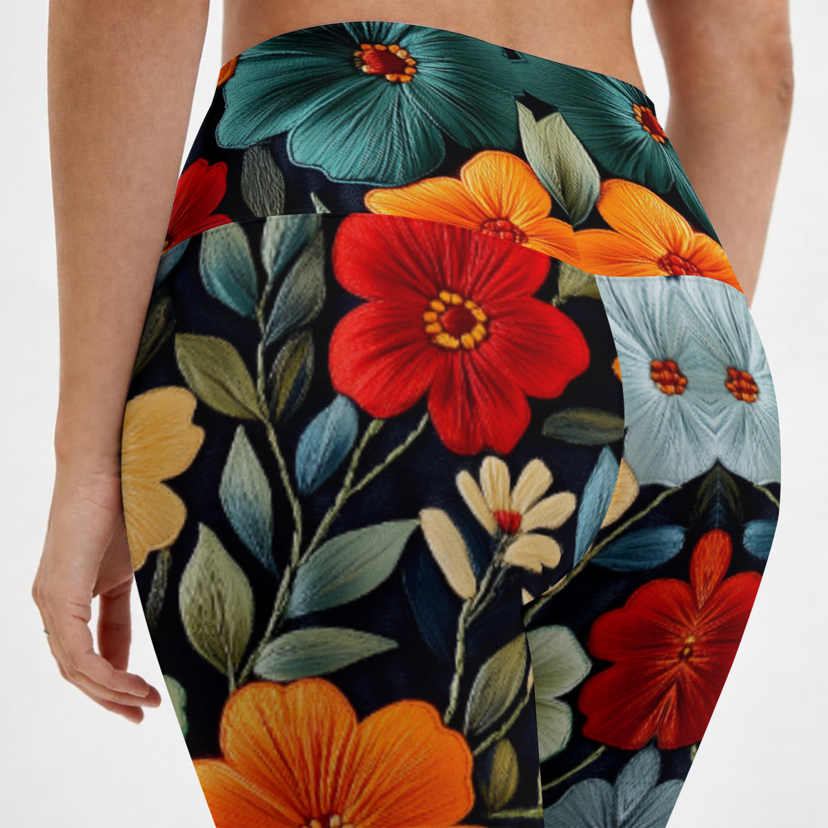 Embroder Flower Print  Womens High Waisted Yoga Leggings
