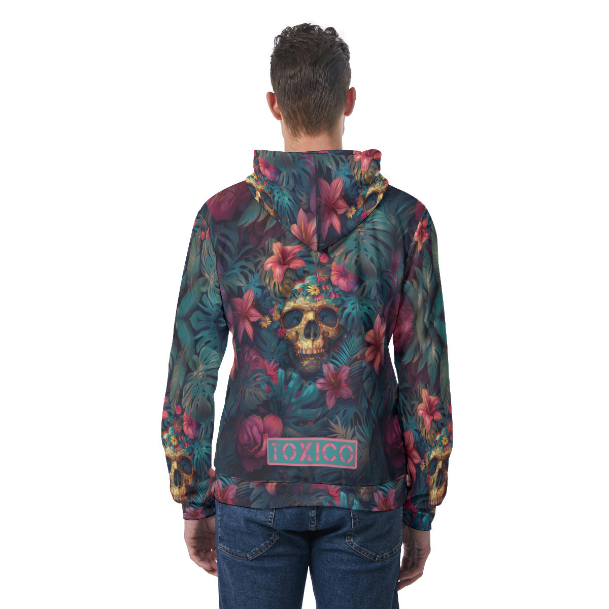Toxico Skull and Flowers Hoodie With Double-side Print Hood